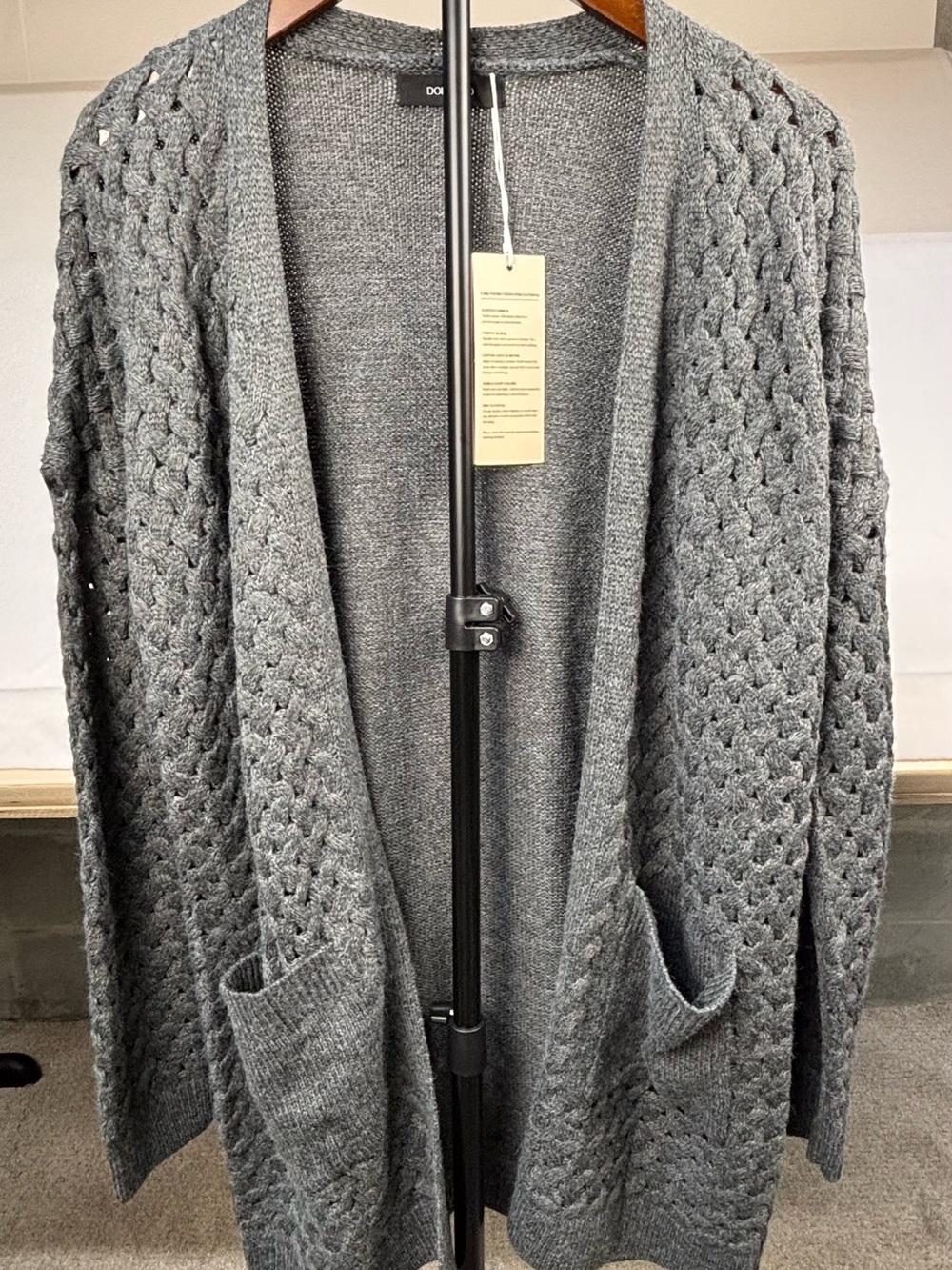 Open-Front Charcoal Knit Cardigan with Pockets